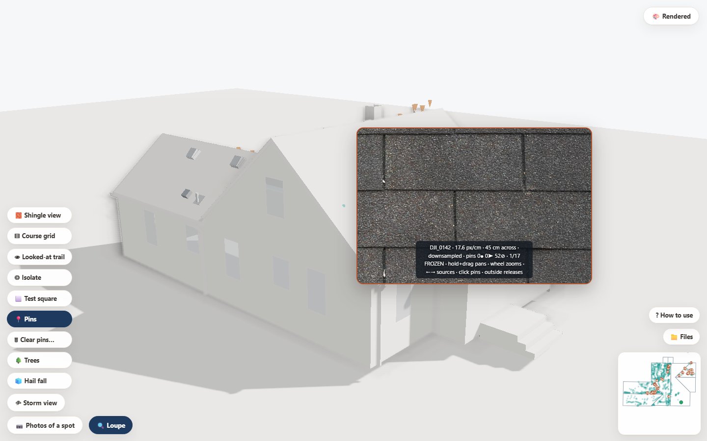 3D roof model viewer with tools for shingle view, test square, pins, and photos of a spot