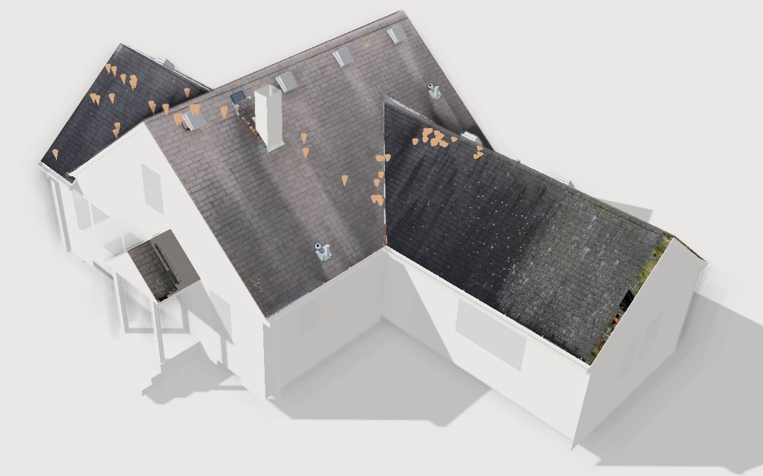 3D model of a house viewed from above, with inspection pins marked on the roof planes