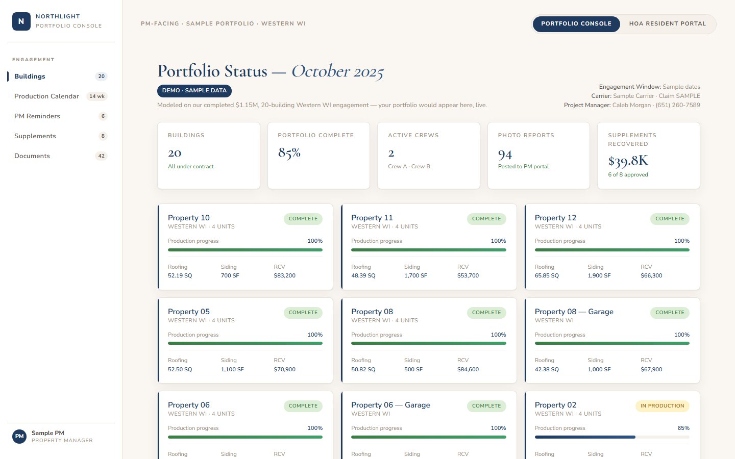 Portfolio console showing buildings, production progress, photo reports, and supplements for a sample portfolio