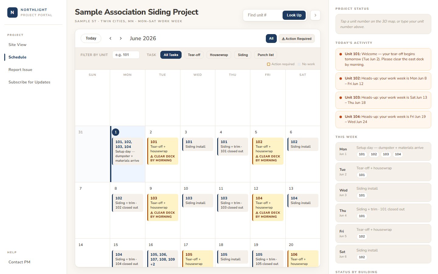 Resident portal showing a month calendar of tear-off, housewrap, and siding install by unit