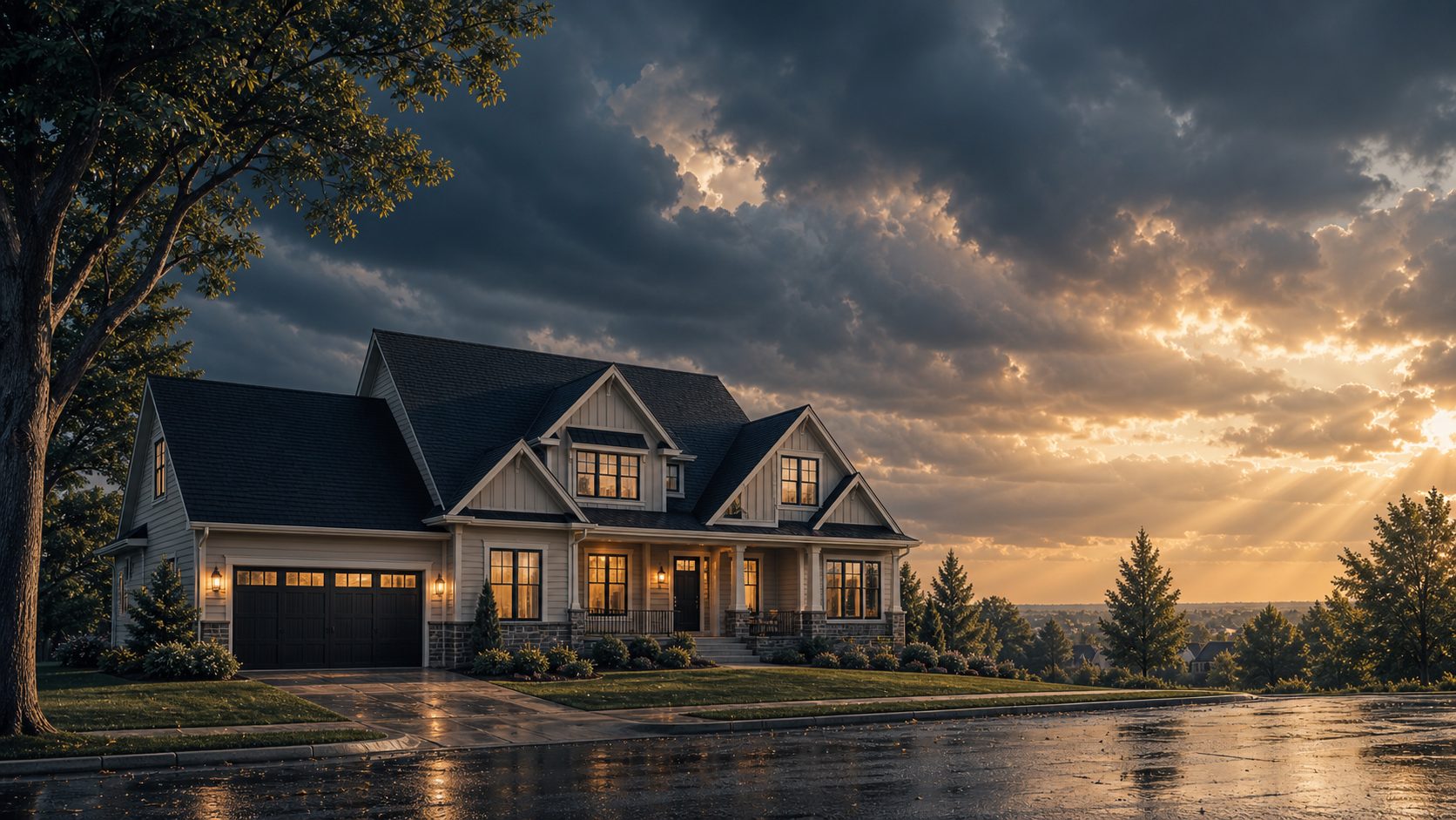 A residential home in evening light after a Minnesota storm